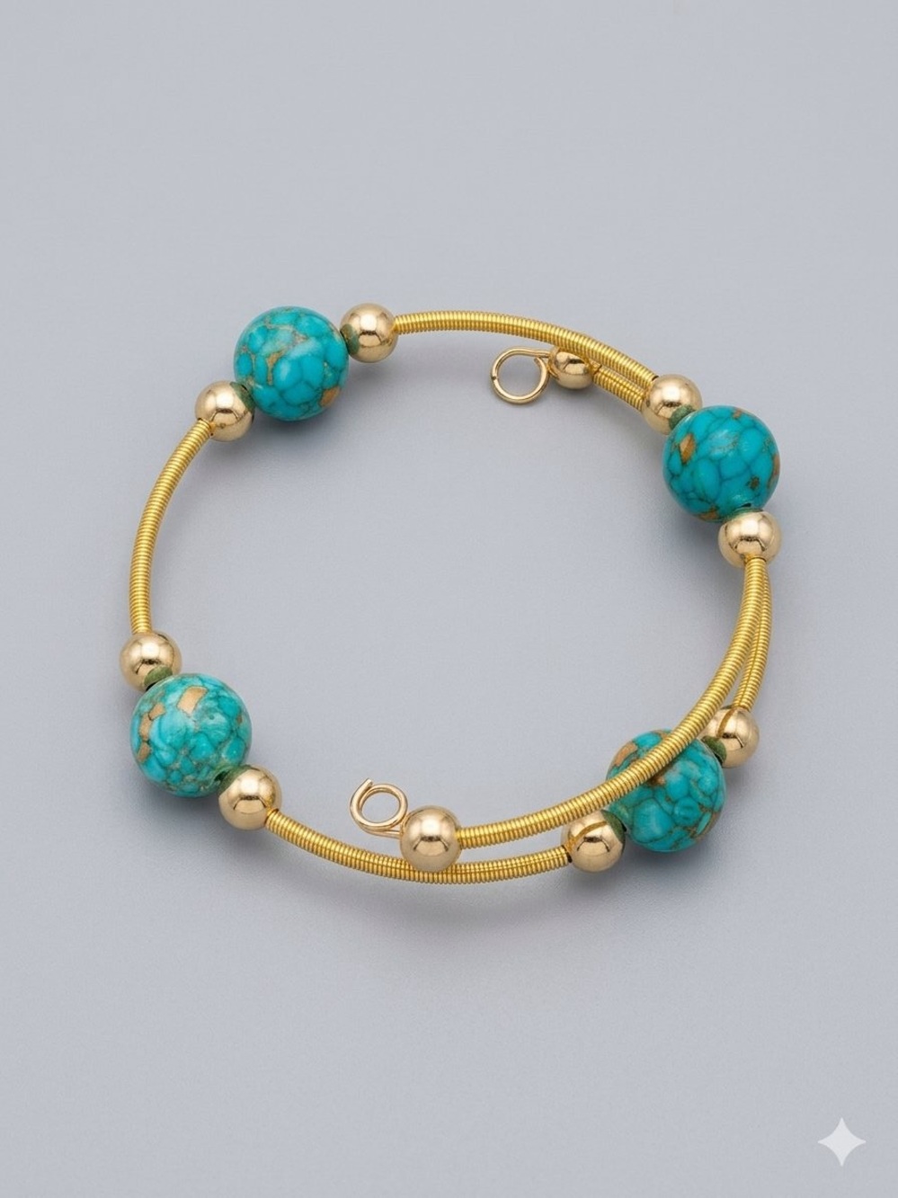 Handmade Gold Memory Wire Bracelet – 12mm Turquoise Beads & Brass Spacers
